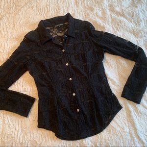 Black Lace long Sleeve Button down blouse medium
